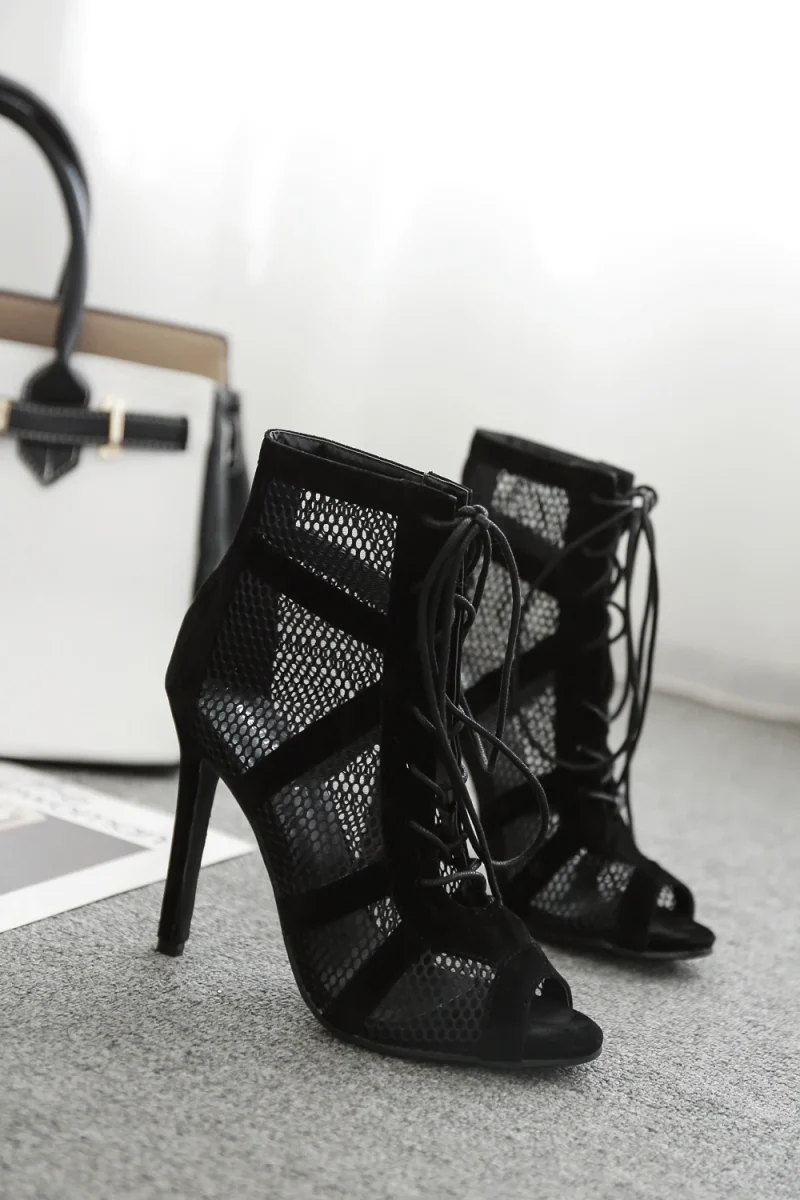 Eco-Friendly Black Net Suede Lace-Up High Heel Sandals - Image 5