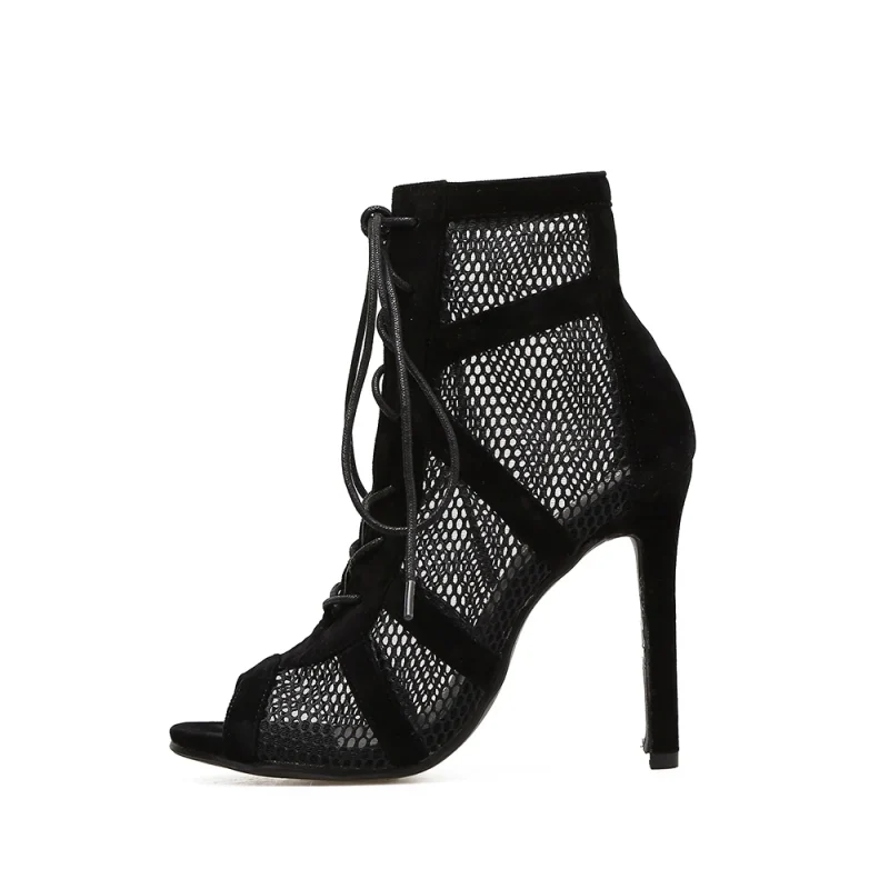 Eco-Friendly Black Net Suede Lace-Up High Heel Sandals