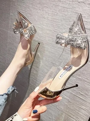 Rhinestone Butterfly-knot Transparent High Heel