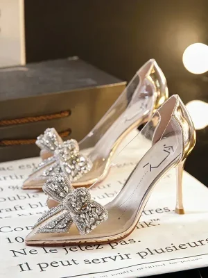 Eco-Friendly Rhinestone Butterfly Knot Transparent High Heel Sandals