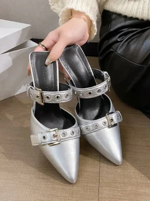 Eco-Friendly Silver Punk Metal Buckle High Heels