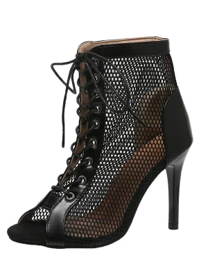 Eco-Friendly Black Hollow Mesh Lace-Up Stiletto Sandals