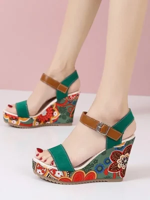 Eco-Friendly Retro Ethnic Print Wedge Sandals