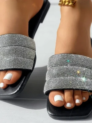 Eco-Friendly Rhinestone Square Toe Flat Sandals