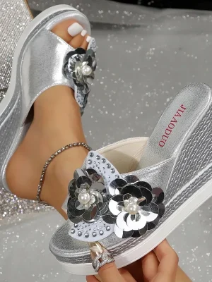 Eco-Friendly Flower Décor Rhinestone Slip-On Wedge Sandals