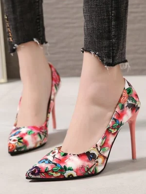 Eco-Friendly Glossy Floral Pointed Toe Stiletto Pumps