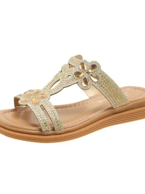 Eco-Friendly Round Toe Wedge Sandals with Rhinestones