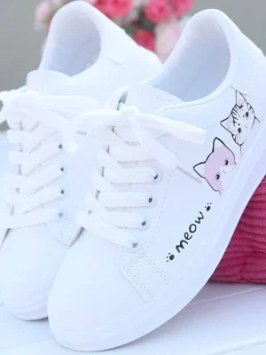 Stylish cat-themed sneakers, white, comfy, lace-up