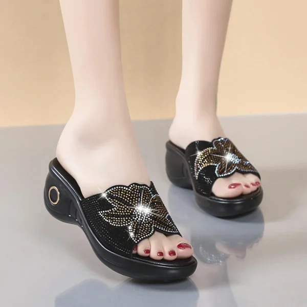 Eco-Friendly Rhinestone Mesh Wedge Heel Slippers - Image 2