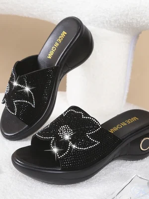 Eco-Friendly Rhinestone Mesh Wedge Heel Slippers