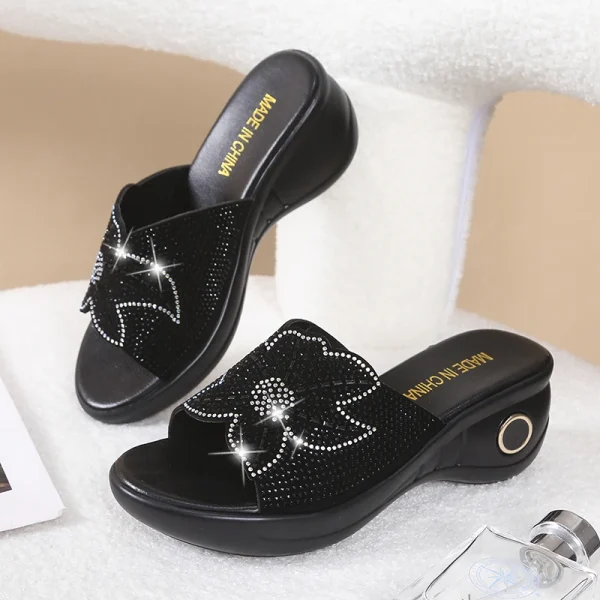 Eco-Friendly Rhinestone Mesh Wedge Heel Slippers