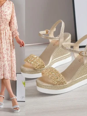 Eco-Friendly Rhinestone Buckle Wedge Sandals