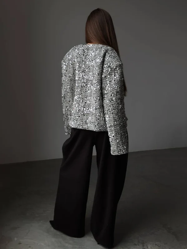 Eco-friendly Loose Short Tweed Sequin Jacket - Image 3