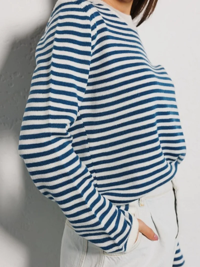 Eco-friendly Knitted Stripe Sweater, Warm Pullover - Image 3