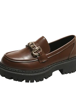 Genuine Cow Leather Platform Loafers with Chunky Heel