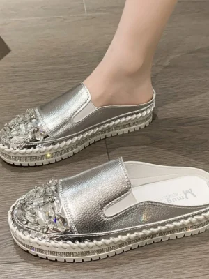 Crystals Round Toe Silver Leather Loafer