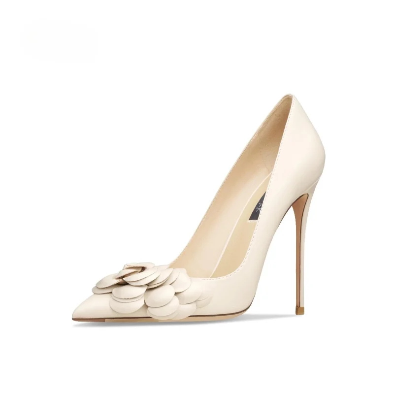Genuine Leather Camellia Buckle Pointed Pumps - Image 5