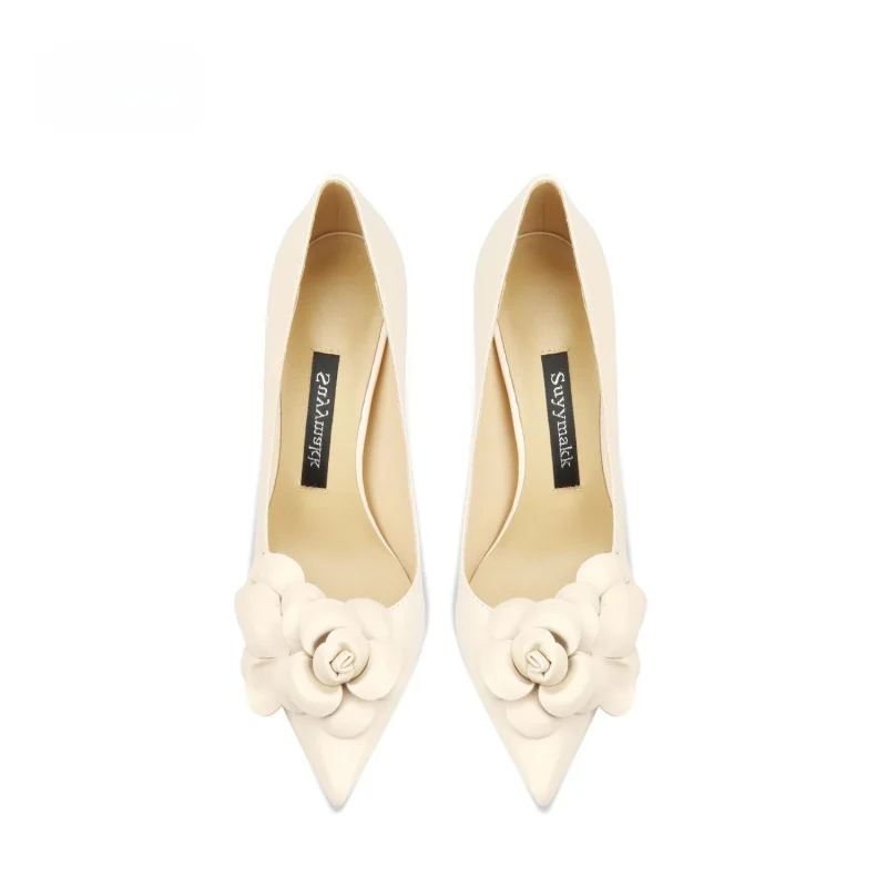 Genuine Leather Camellia Buckle Pointed Pumps - Image 4