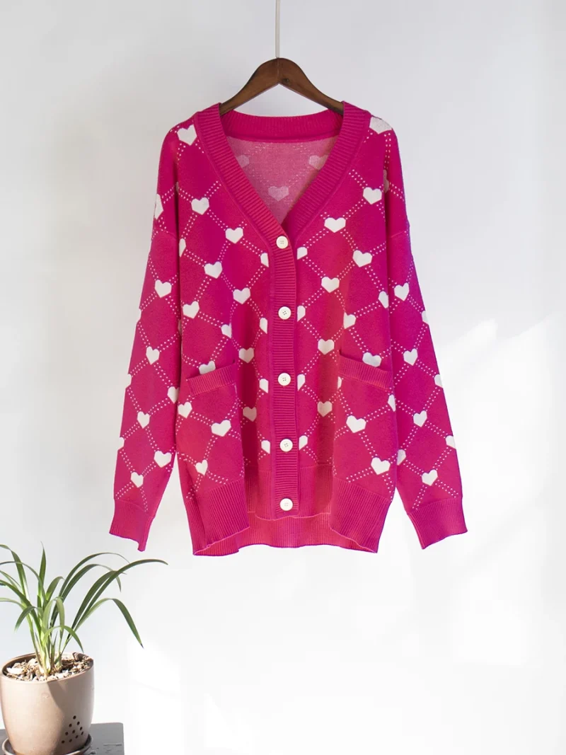 Eco-friendly Pink Hearts Print Oversize Cardigan - Image 3