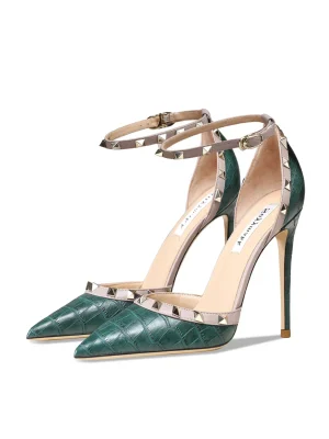 Emerald Crocodile Pattern Leather High Heels