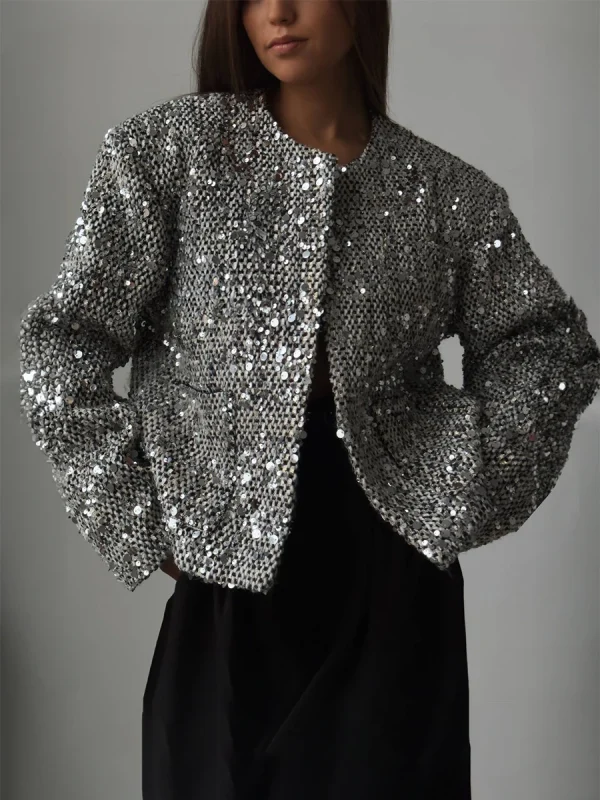 Eco-friendly Loose Short Tweed Sequin Jacket