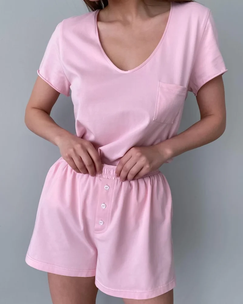 Eco-friendly Cotton V-Neck Pajama Shorts Set - Image 5