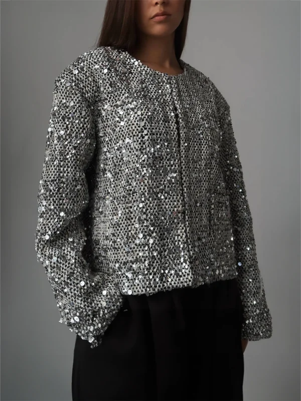 Eco-friendly Loose Short Tweed Sequin Jacket - Image 2