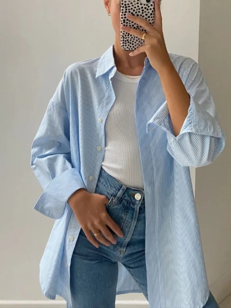 Eco-friendly Chic Striped Loose Cotton Shirt - Image 4