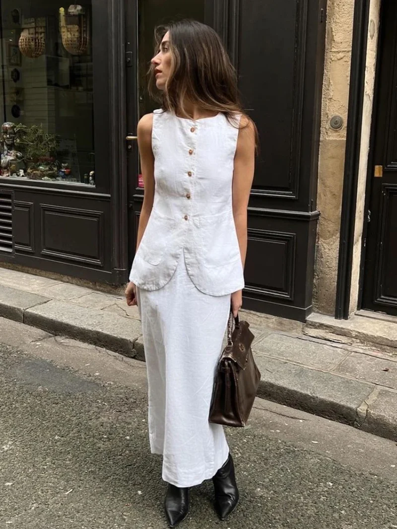 Eco-friendly White Cotton Sleeveless Skirt Set - Image 6