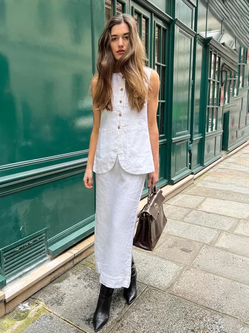 Eco-friendly White Cotton Sleeveless Skirt Set - Image 4