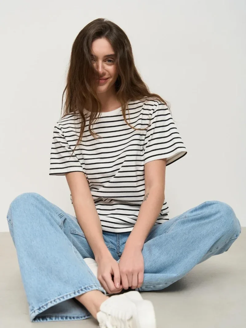 Eco-friendly Short Sleeve Striped Cotton T-Shirt - Image 2