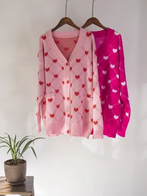 Eco-friendly Pink Hearts Print Oversize Cardigan