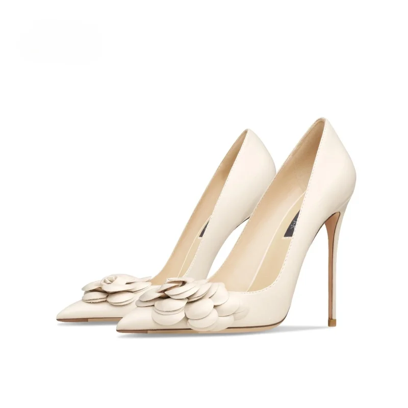 Genuine Leather Camellia Buckle Pointed Pumps