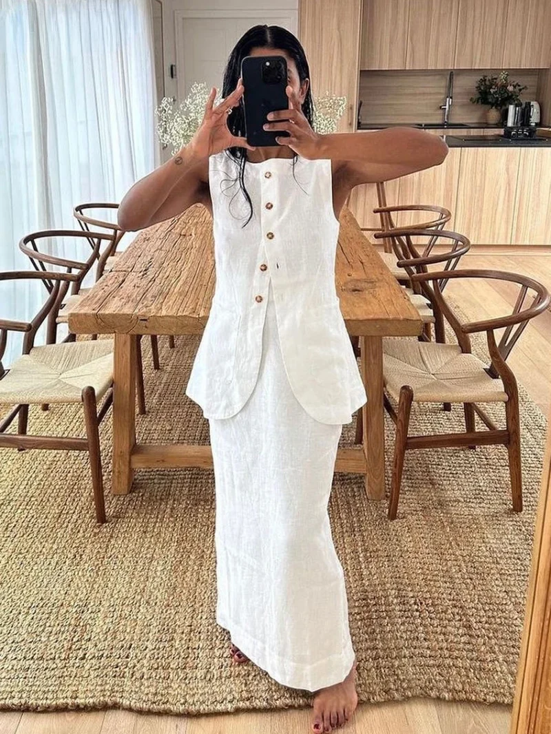 Eco-friendly White Cotton Sleeveless Skirt Set - Image 2