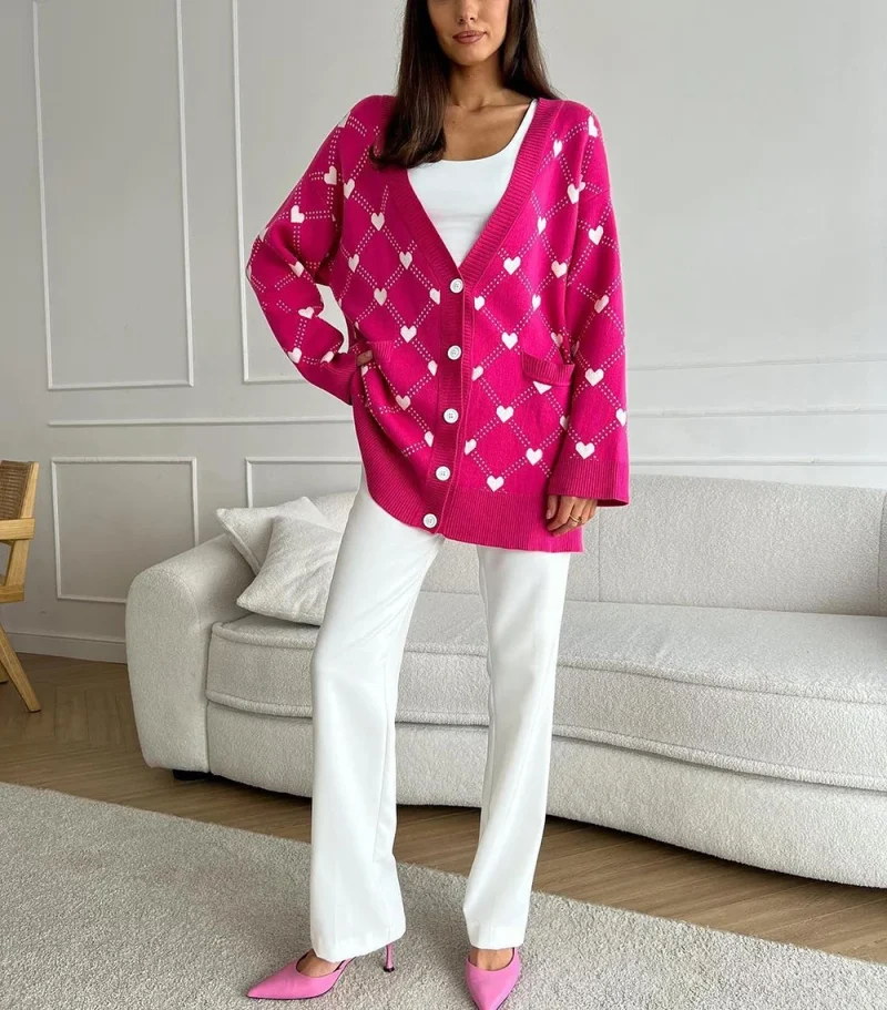 Eco-friendly Pink Hearts Print Oversize Cardigan - Image 2