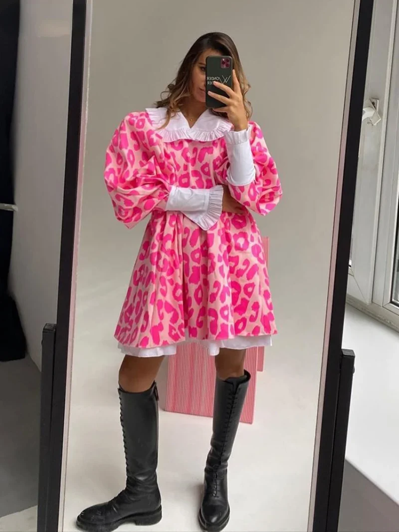 Fashion Print Doll Collar Lantern Sleeve Dress - Image 2