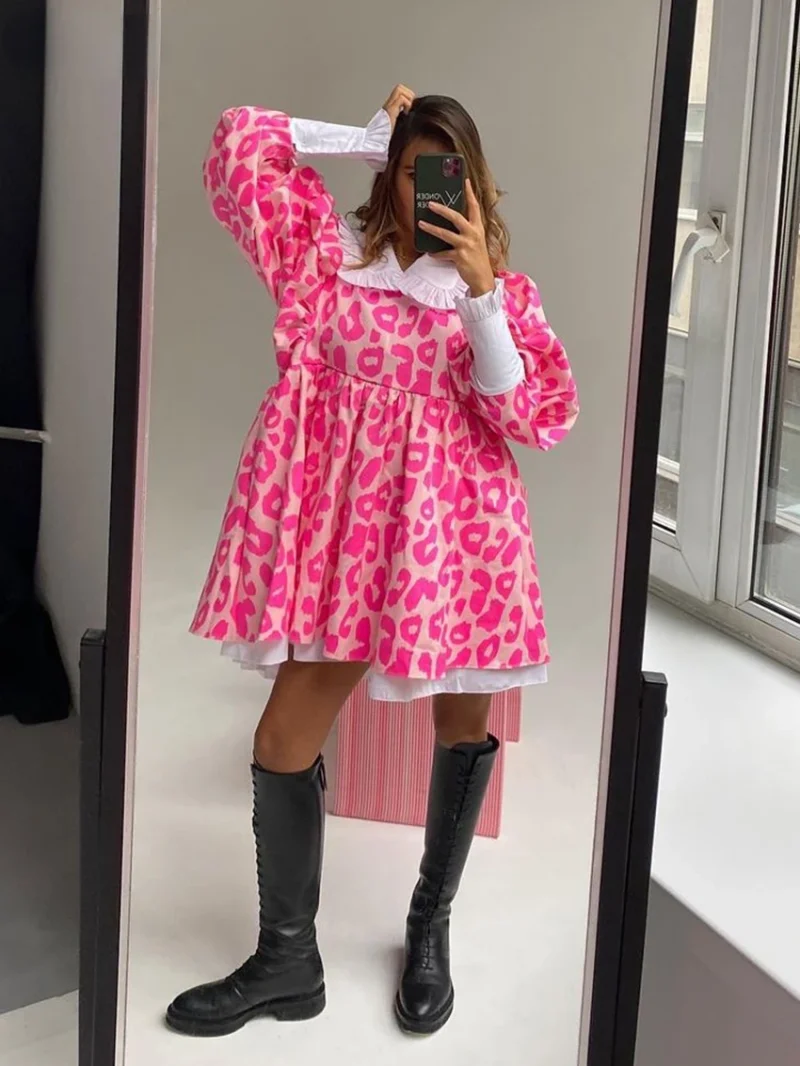 Fashion Print Doll Collar Lantern Sleeve Dress - Image 3