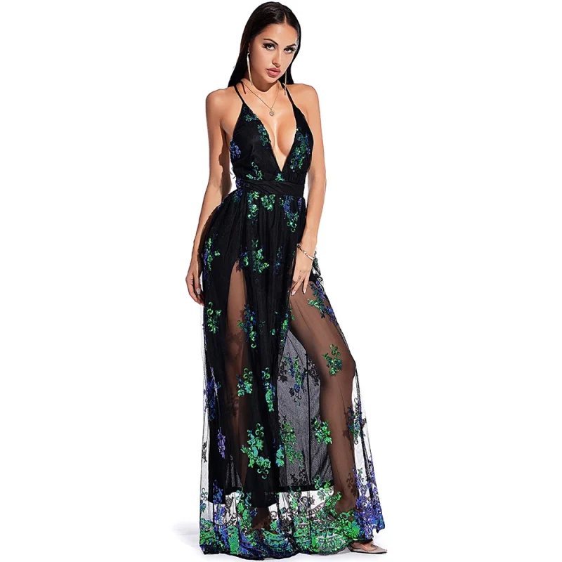 Eco-Friendly Vintage Green Sequin Maxi Dress - Image 4