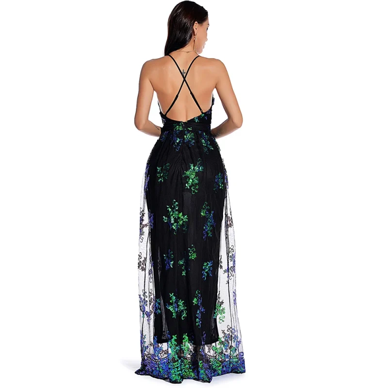 Eco-Friendly Vintage Green Sequin Maxi Dress - Image 2