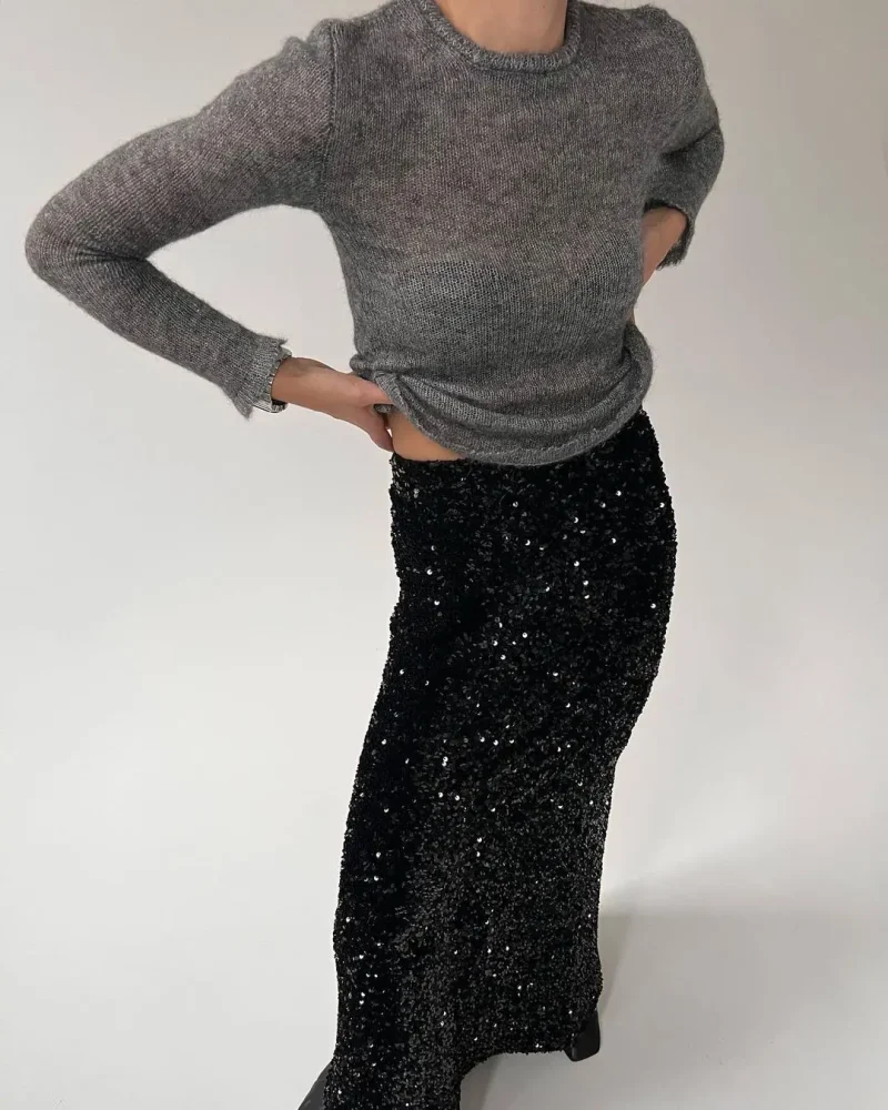 Eco-friendly Elegant Velvet Silk Sequin Long Skirt - Image 7