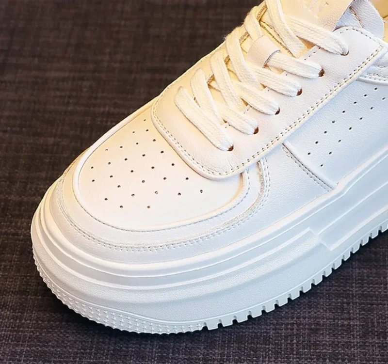White Leather Sneakers: Breathable Platform Walking Shoes - Image 4