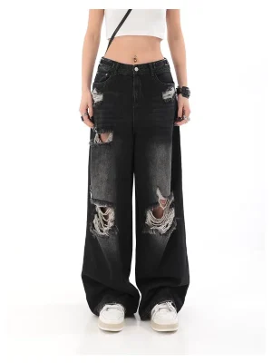 Wide Leg Ripped Jeans: Y2K Grunge Hippie Streetwear