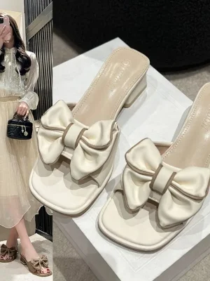 Summer Square Heel Mules Women Butterfly-Knot Slides