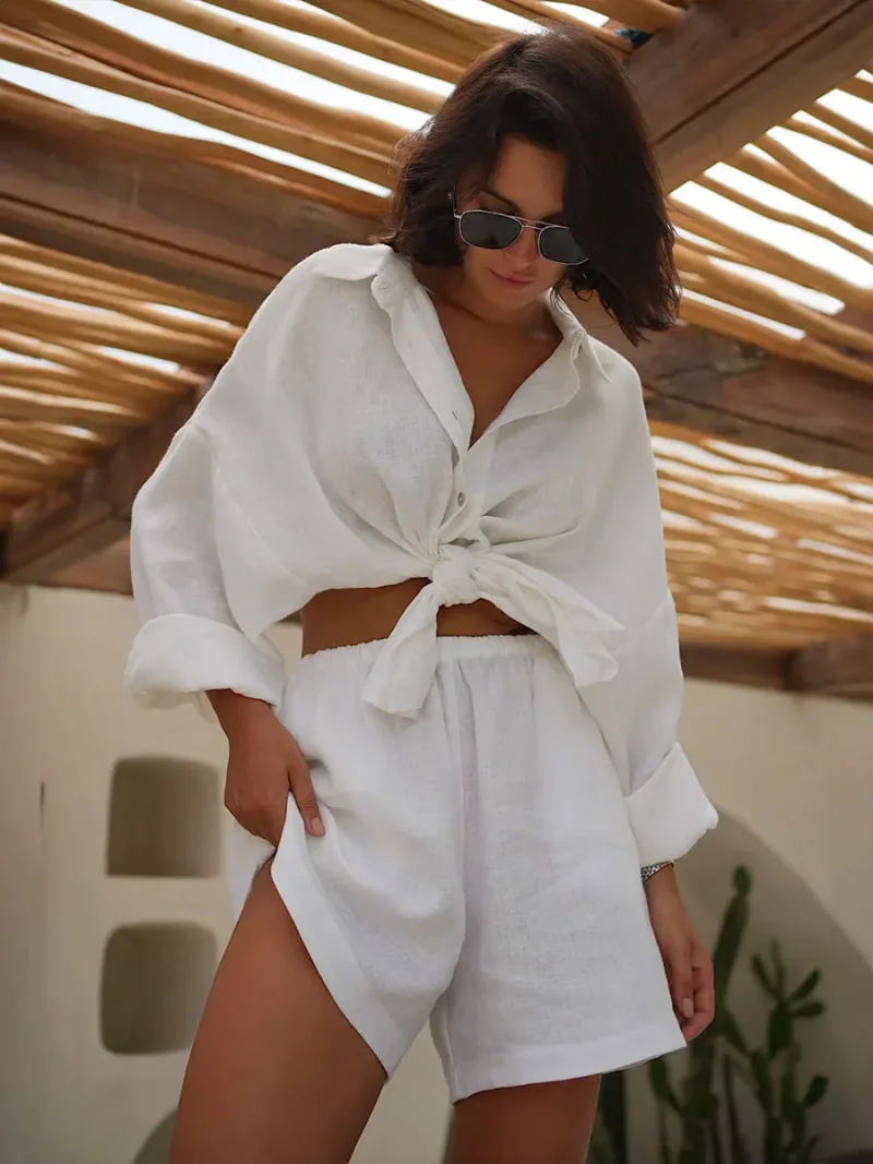 Eco-friendly Cotton Casual Lantern Sleeve Shorts Set - Image 5