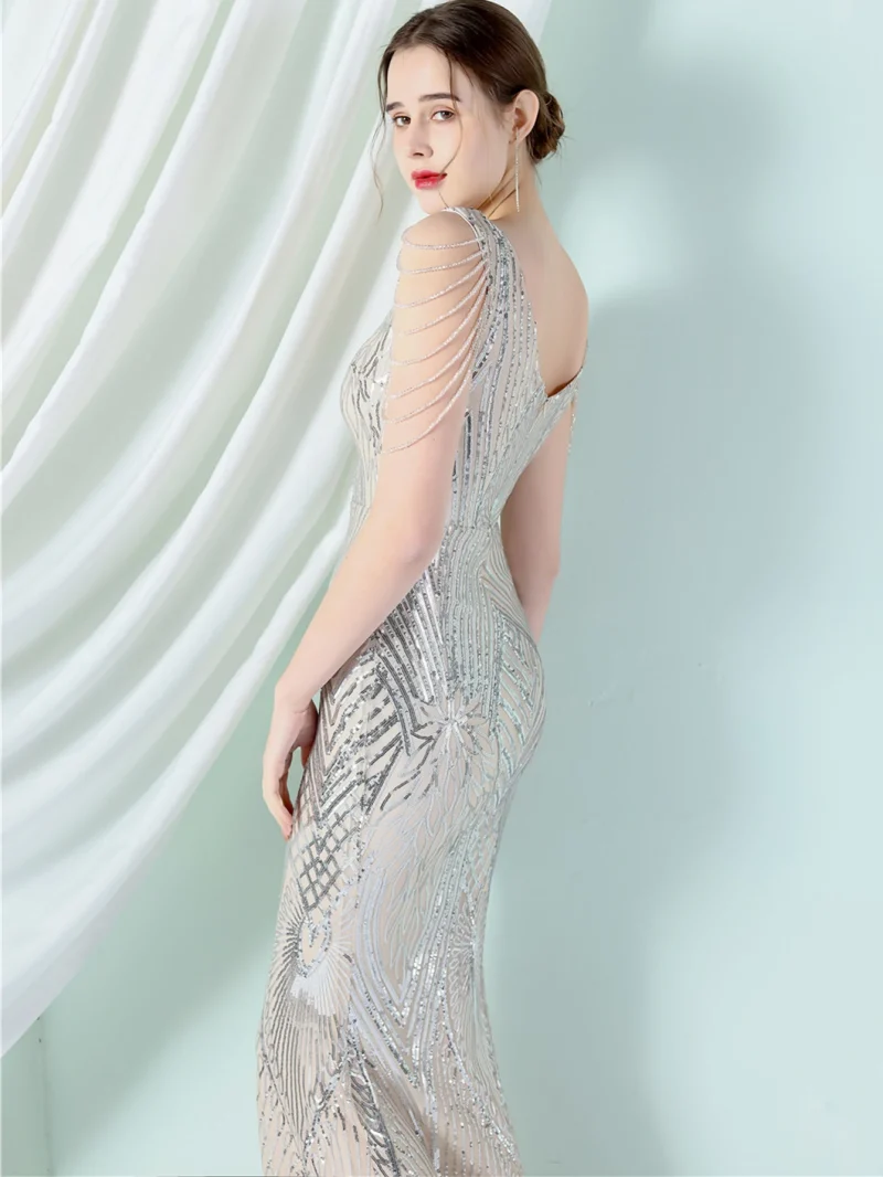 Eco-Friendly White Sequin Rhinestone Maxi Dress - Image 8