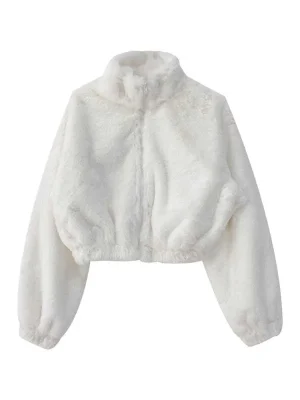 White Cropped Fleece Jacket: Warm Y2K Winter Streetwear