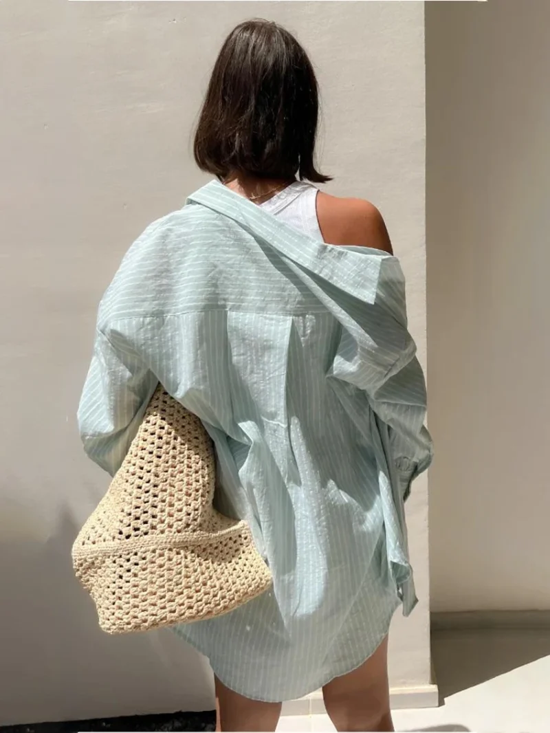 Eco-friendly Chic Striped Cotton Oversized Blouse - Image 4