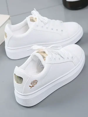 White Breathable Embroidered Flower Lace-Up Sneakers