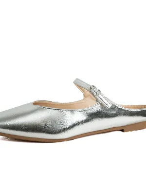 Soft Leather Metallic Mules: Elegant Glitter Buckle Flats