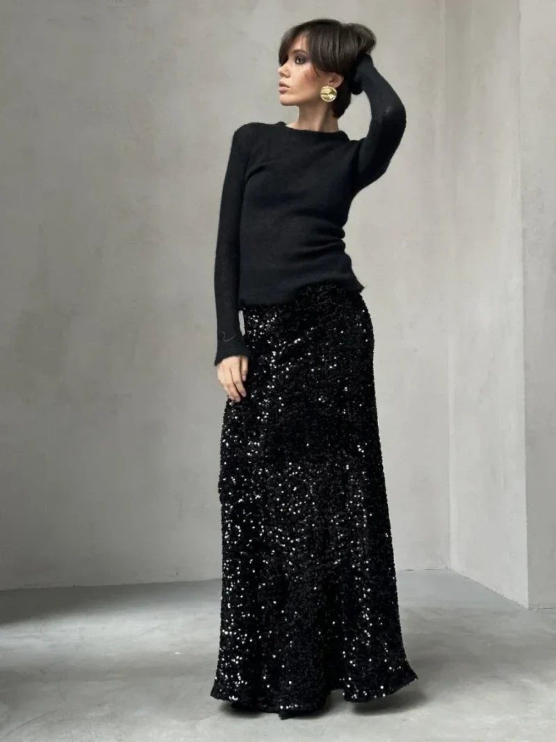 Eco-friendly Elegant Velvet Silk Sequin Long Skirt - Image 4